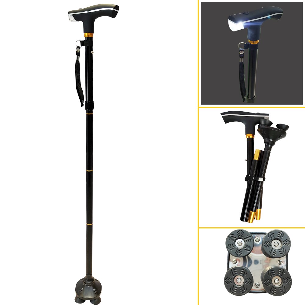 캠핑용 접이식 지팡이, 접이식 알루미늄 합금 트레킹 스틱, 노인을 위한 접이식 지팡이, LED 조명 포함
